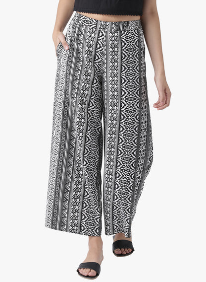Black and White Tribal Print Wide Leg Trousers for Women