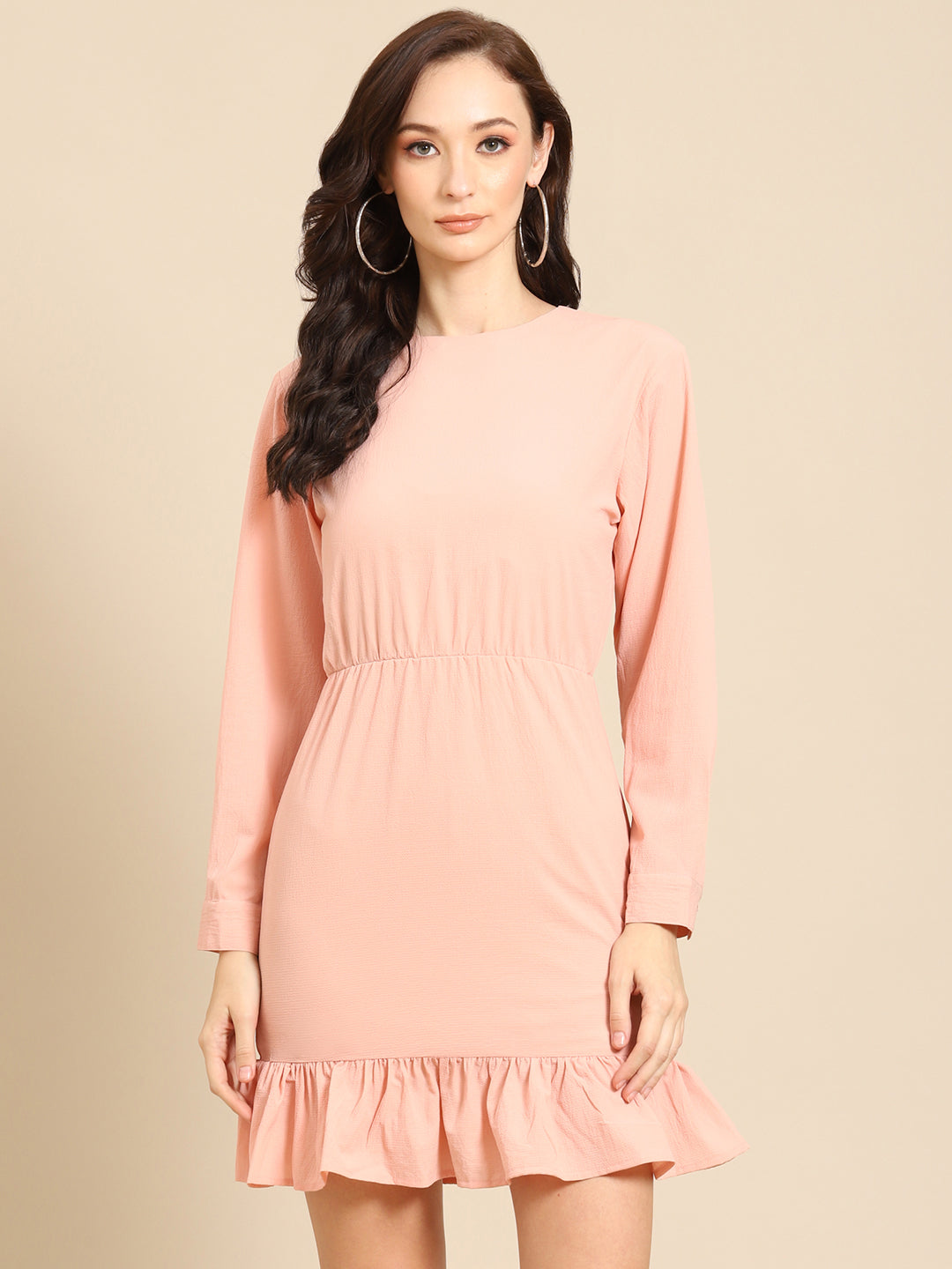 Chic Peach Long Sleeve Mini Dress with Ruffle Hem for Women