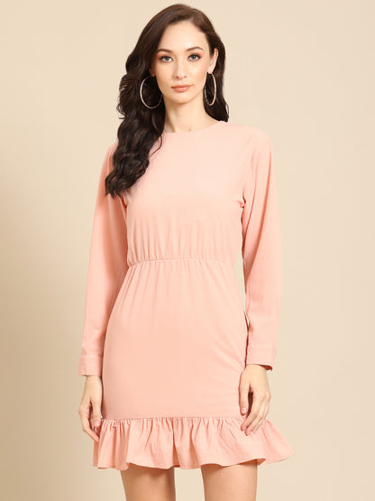 Chic Peach Long Sleeve Mini Dress with Ruffle Hem for Women