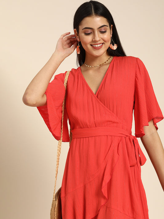 Vibrant Red Wrap Dress with Flutter Sleeves & Ruffle Hem  Effortless Chic