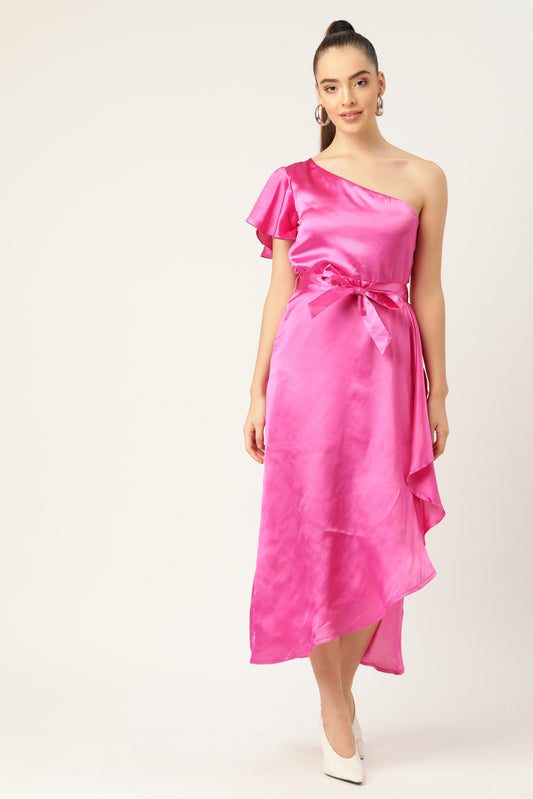 Hot Pink One-Shoulder Satin Midi Dress for Women – Elegant Party & Evening Wear