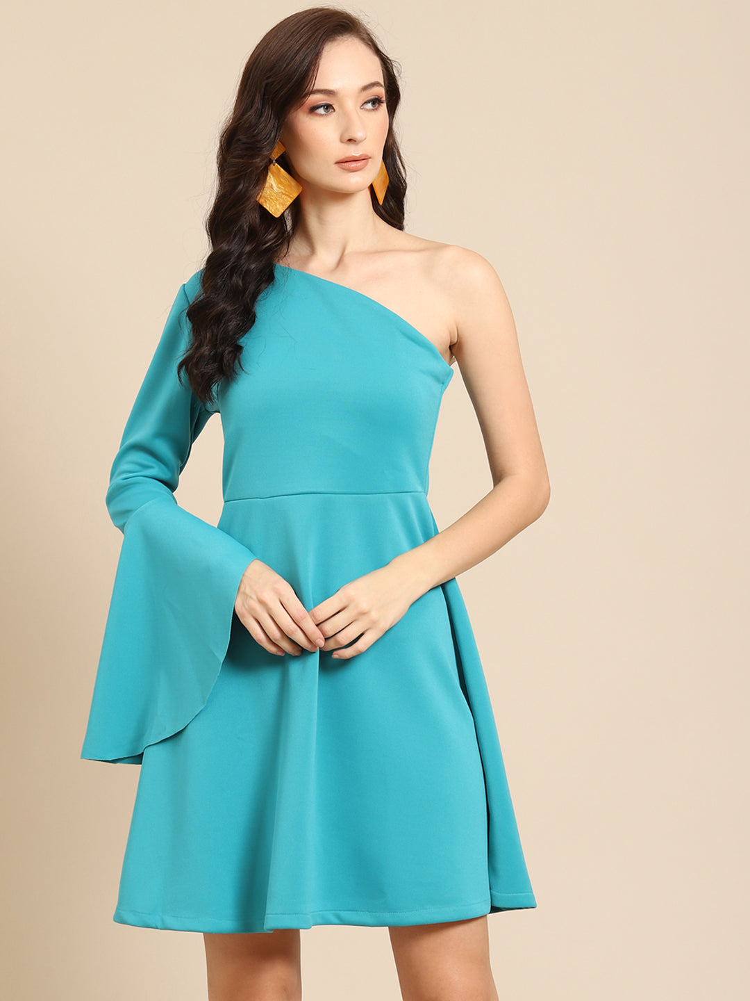Trendy Teal One Shoulder Flared Sleeve Short Dress for Women