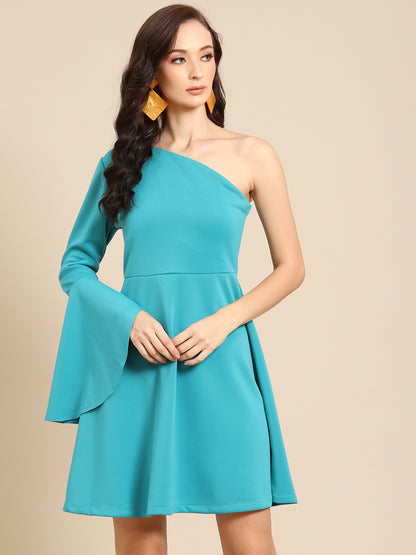 Trendy Teal One Shoulder Flared Sleeve Short Dress for Women