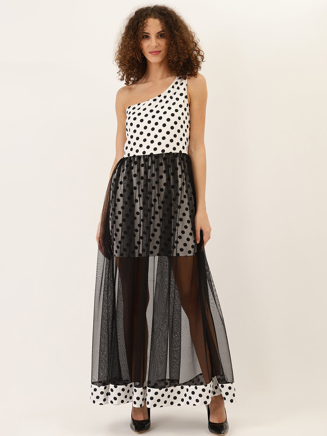 Women's One-Shoulder Polka Dot Dress with Sheer Black Net Overlay  Elegant Western Maxi Gown