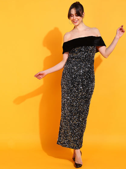 Black Off-Shoulder Sequin Maxi Dress for Women Party Evening Gown