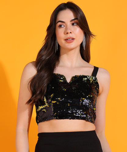 Black Sequin Sleeveless Crop Top for Women – Party Wear