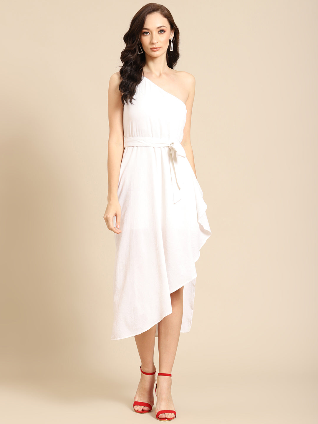 Elegant White One-Shoulder Asymmetric Dress for Women | Belted Party Dress