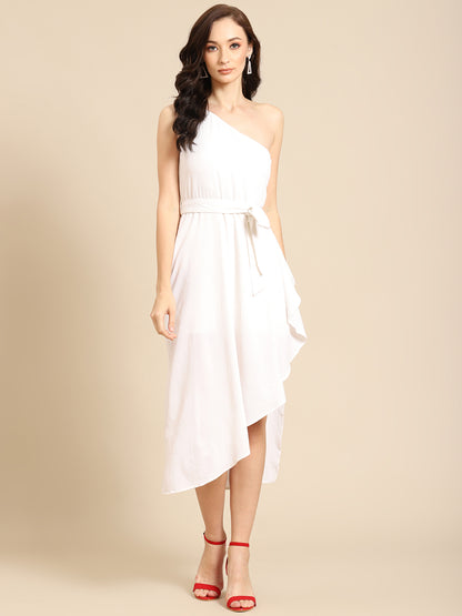 Elegant White One-Shoulder Asymmetric Dress for Women | Belted Party Dress
