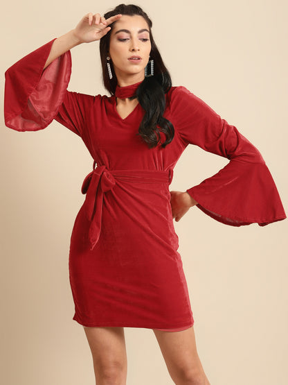Red Velvet Bodycon Dress with Bell Sleeves and Tie-Up Waist