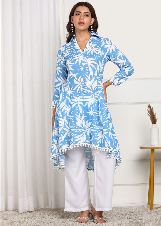 Blue White Printed Asymmetric Kurta for Women | Casual Ethnic Wear