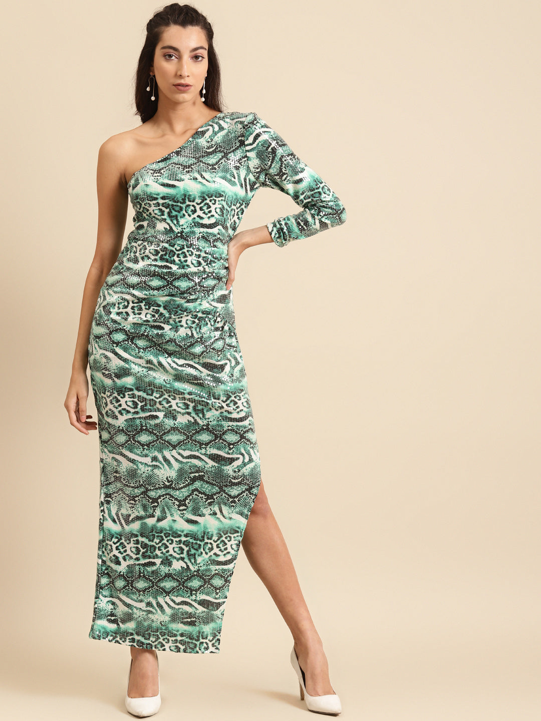 Women Green Animal Print One Shoulder Bodycon Maxi Dress