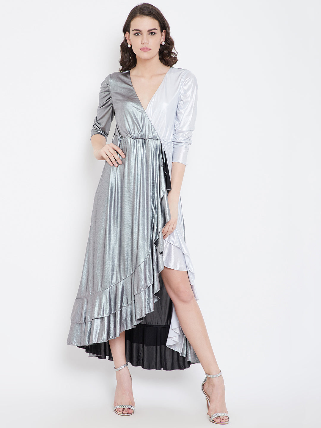 Metallic Silver High-Low Ruffle Dress with V-Neck and Full Sleeves