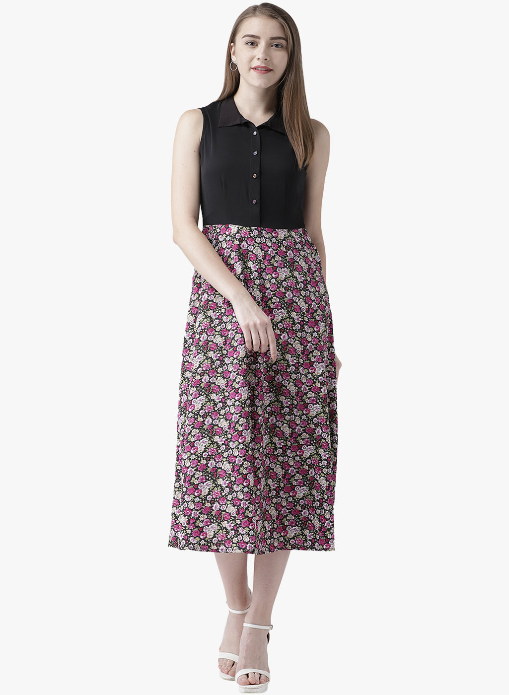 Women's Sleeveless Black and Floral Midi Dress