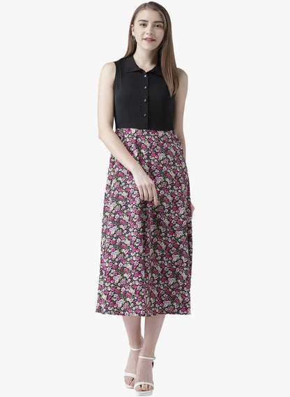 Women's Sleeveless Black and Floral Midi Dress