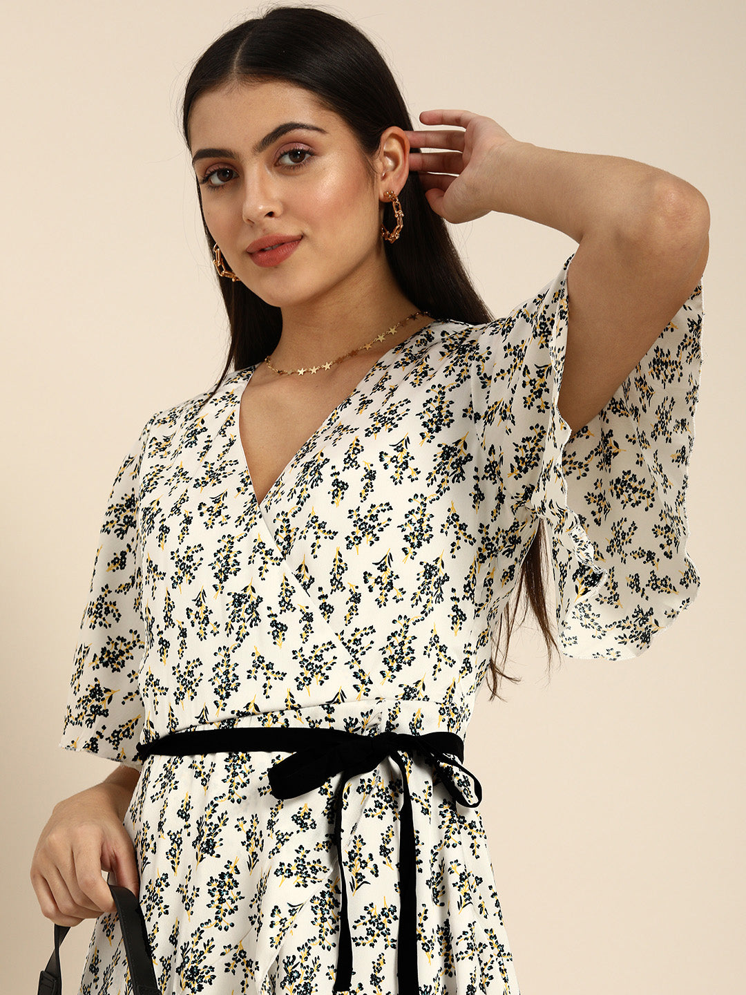 White Floral Fit & Flare Mini Dress with Black Waist Tie Casual & Elegant Day Dress