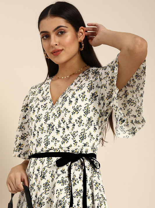 White Floral Fit & Flare Mini Dress with Black Waist Tie Casual & Elegant Day Dress