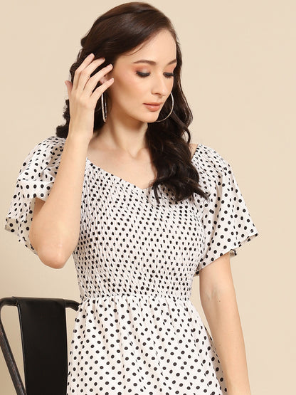 Chic Polka Dot Short Dress for Women | Ruffle Hem Smocked Fit & Flare Dress