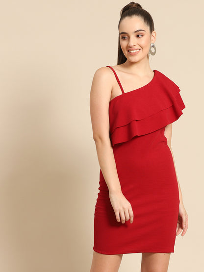 Chic Red One-Shoulder Ruffle Bodycon Dress for Women – Elegant Party & Evening Wear