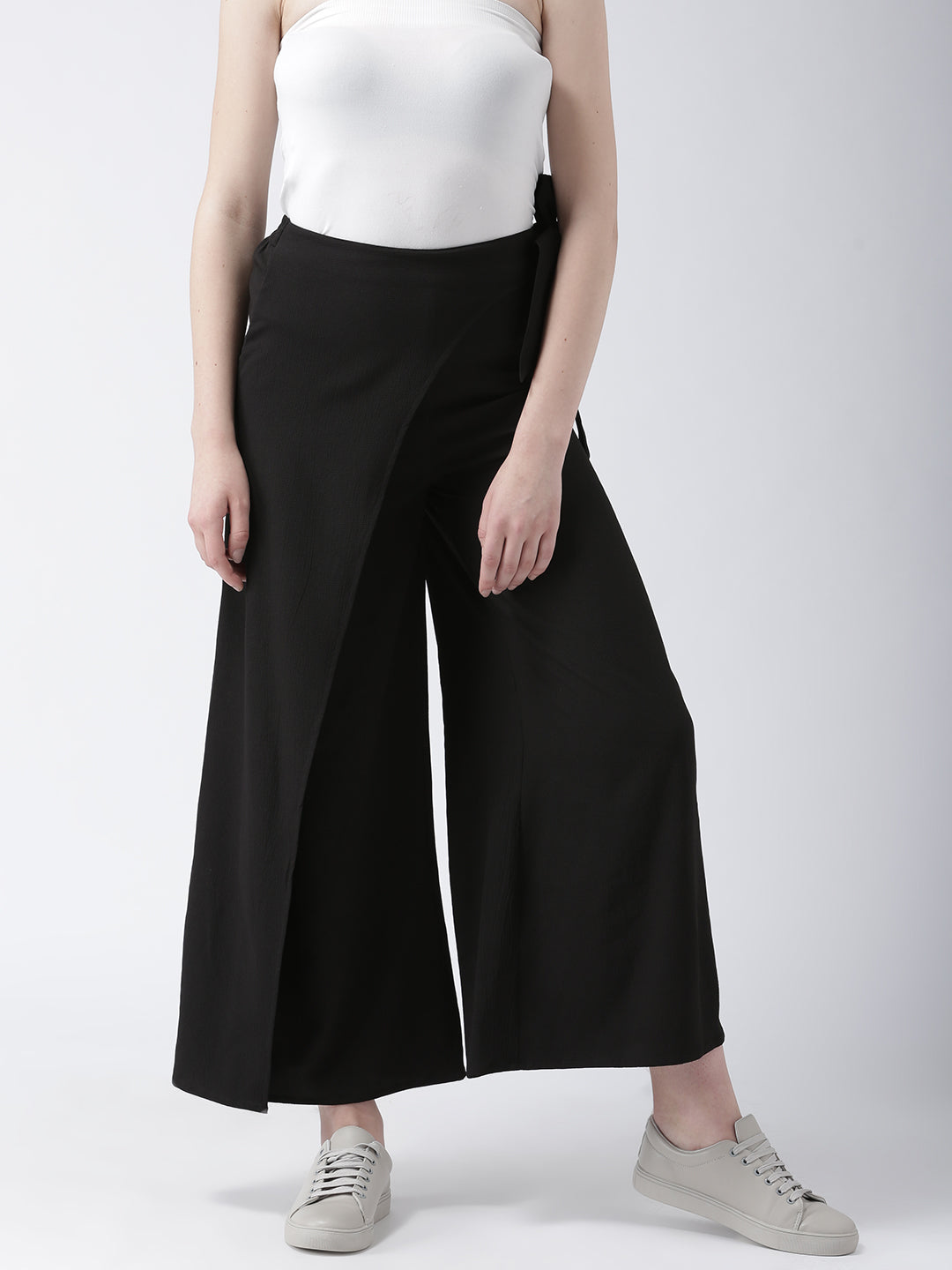 Black Wrap Style Wide Leg Trousers for Women