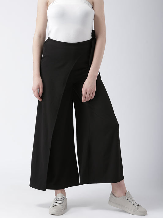 Black Wrap Style Wide Leg Trousers for Women