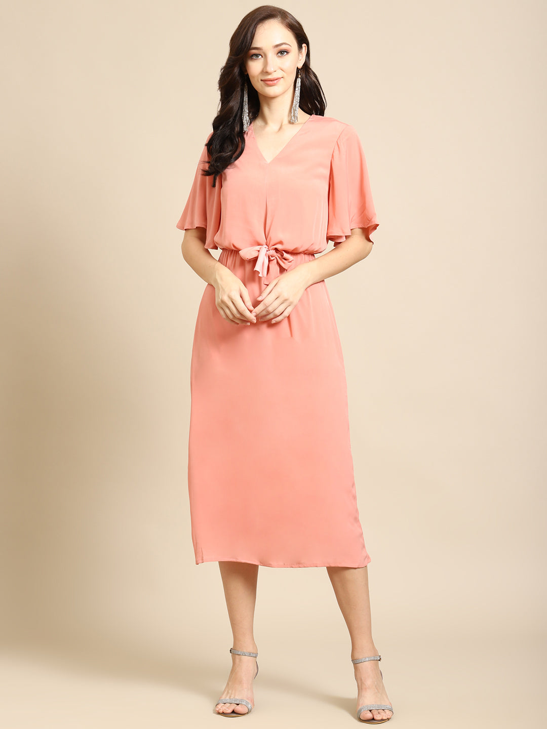 Elegant Peach Midi Dress for Women | Stylish V-Neck Tie-Waist Dress