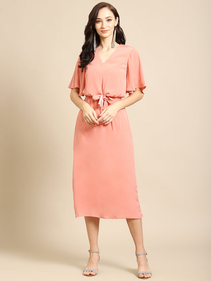 Elegant Peach Midi Dress for Women | Stylish V-Neck Tie-Waist Dress