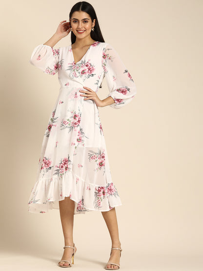 Chic White Floral Midi Dress with Puffy Sleeves & Ruffle Hem Elegant Summer Look