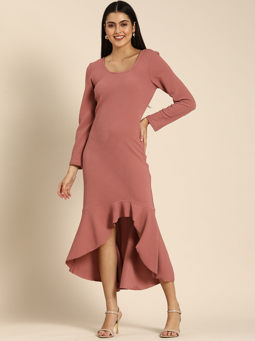 Pink High-Low Bodycon Dress with Ruffle Hem
