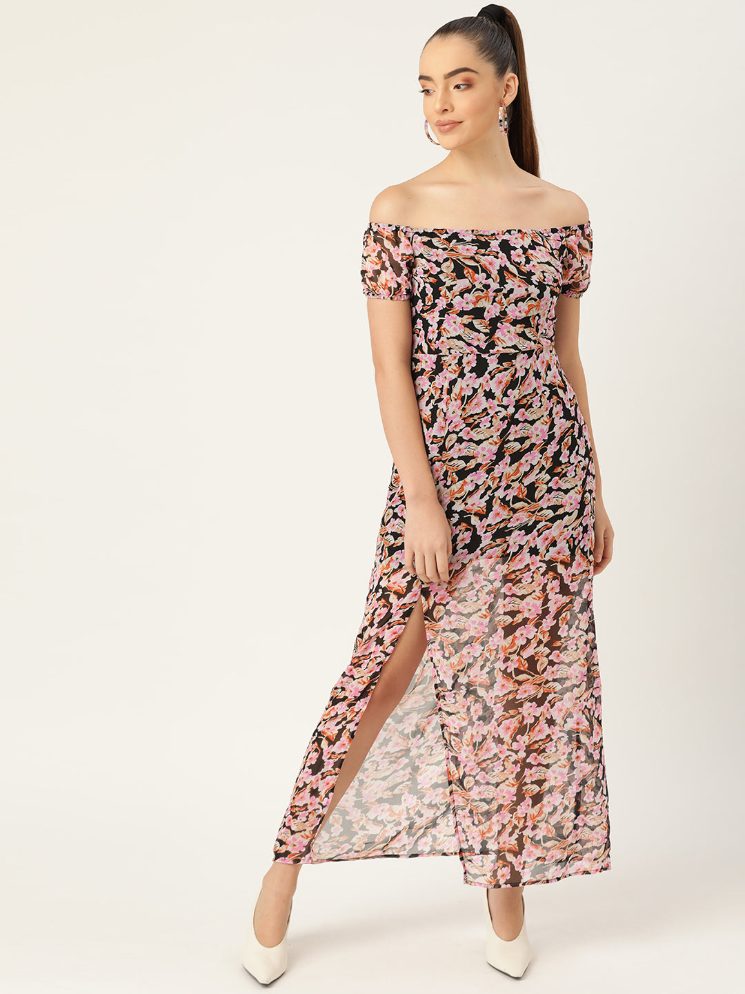 Off Shoulder Black Floral Print Slit Maxi Dress for Women