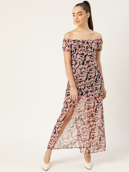Off Shoulder Black Floral Print Slit Maxi Dress for Women