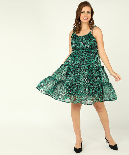 Green Leopard Print Tiered Mini Dress for Women with Sleeveless Design