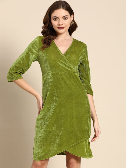 Elegant Green Velvet Wrap Dress for Women – Party Wear Dress with 3/4 Sleeves & Asymmetric Hem