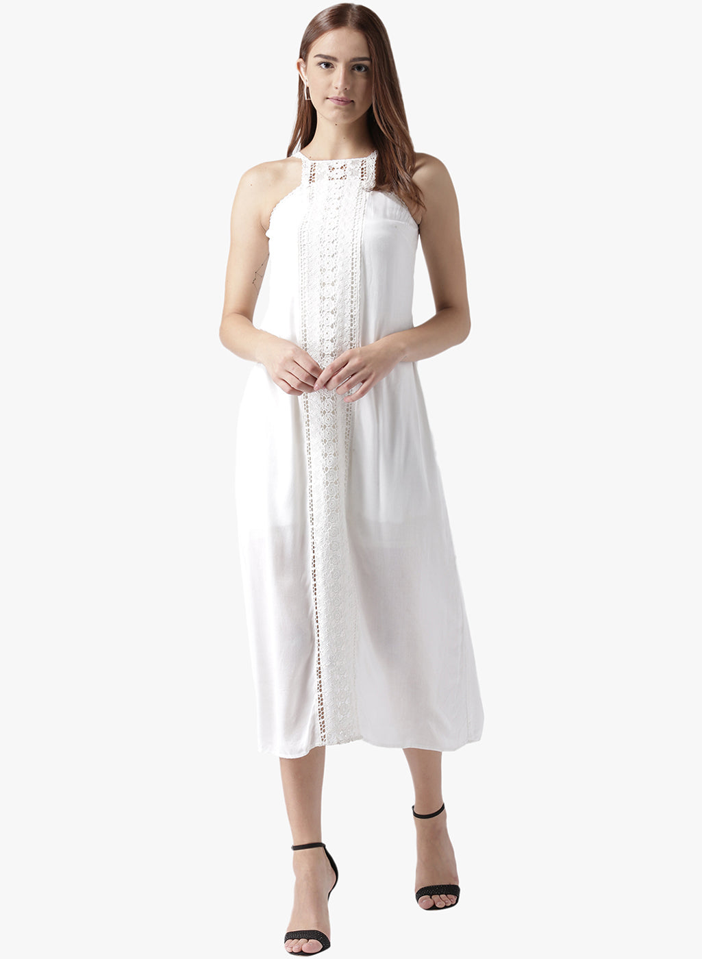 Women's White Halter Neck Midi Dress with Front Lace Panel