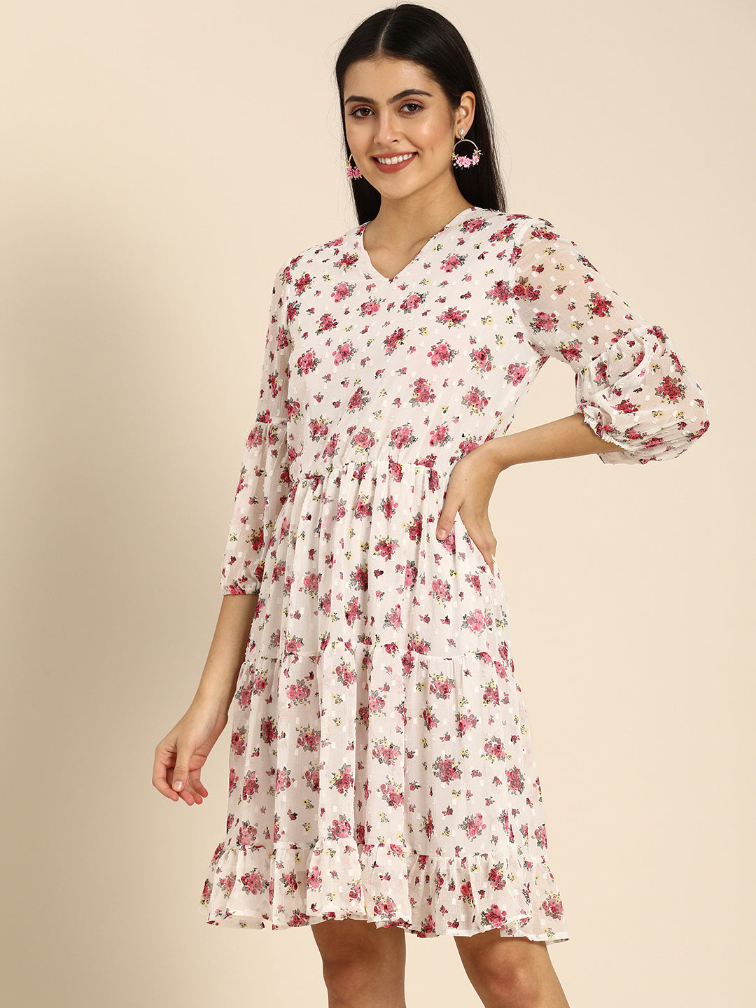 White Floral Chiffon Tiered Mini Dress with Sheer Sleeves – Casual & Brunch Wear