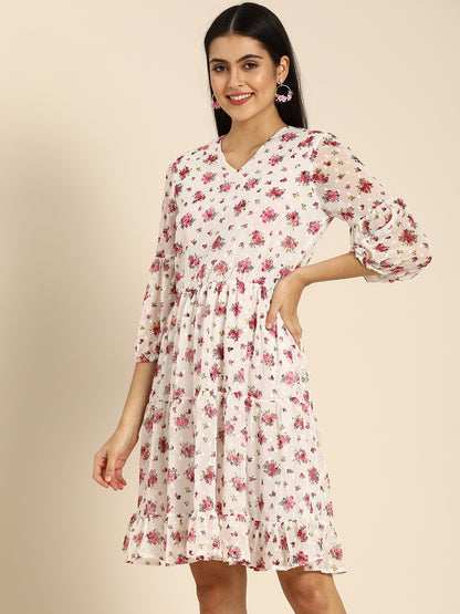 White Floral Chiffon Tiered Mini Dress with Sheer Sleeves – Casual & Brunch Wear