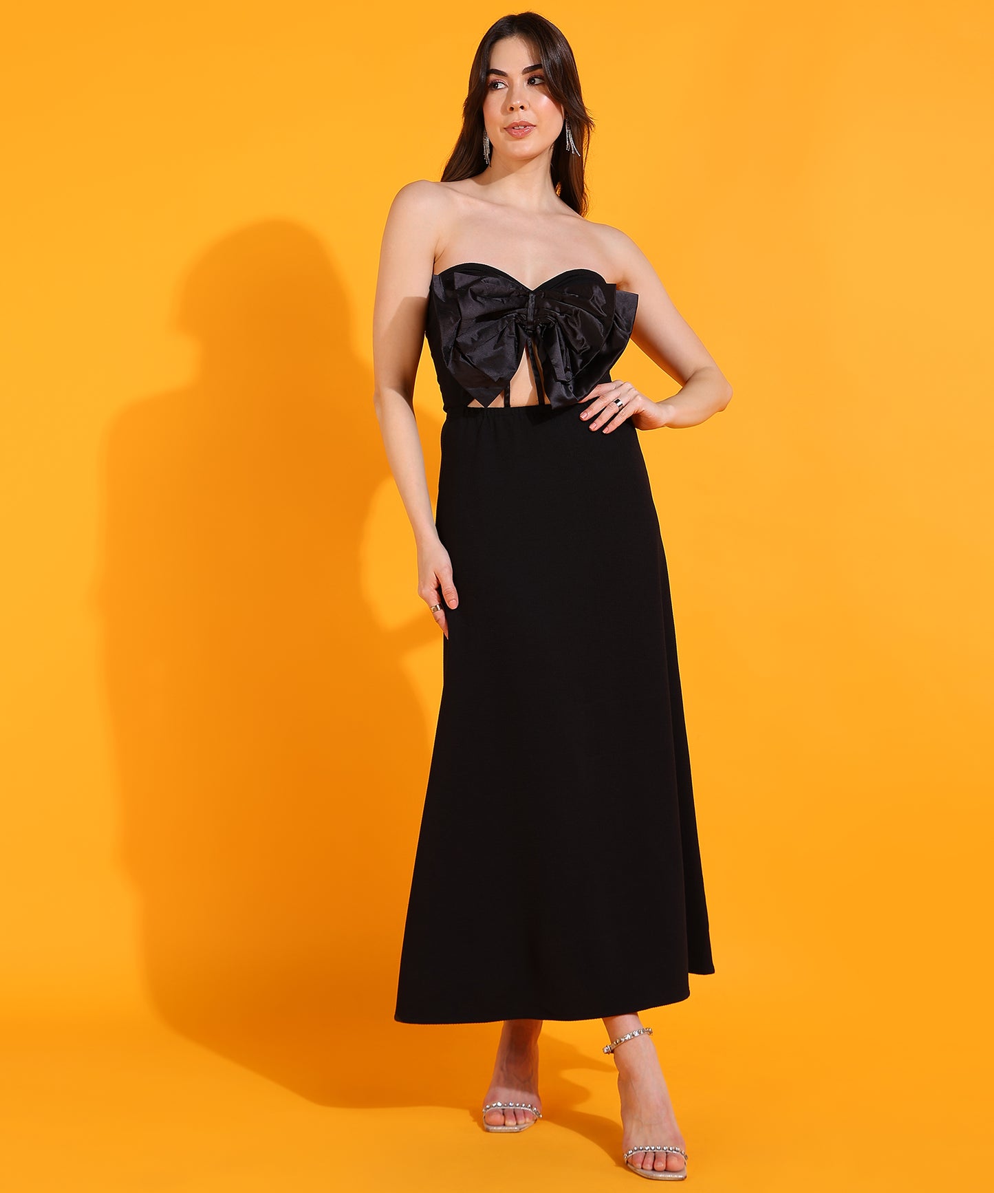 Black Strapless Maxi Dress with Bow Detail | Elegant Party Wear for Women