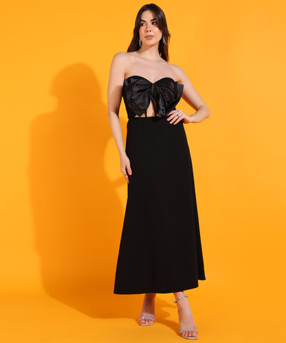 Black Strapless Maxi Dress with Bow Detail | Elegant Party Wear for Women