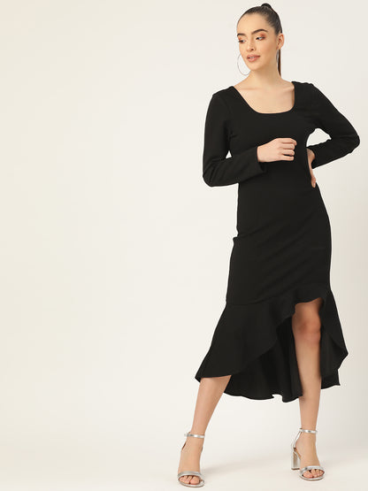 Women Black High-Low Ruffle Hem Long Sleeve Bodycon Dress