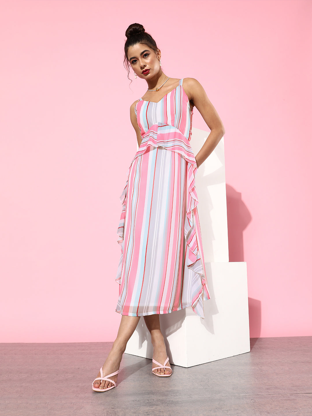 Women's Pink Striped Ruffle Maxi Dress Sleeveless Layered Summer Dress with V-Neck