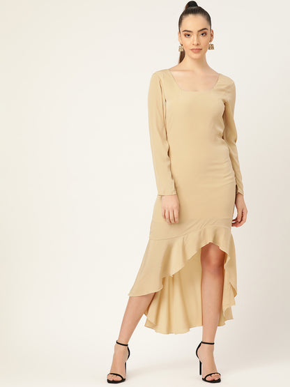 Women Beige High-Low Ruffle Hem Long Sleeve Dress