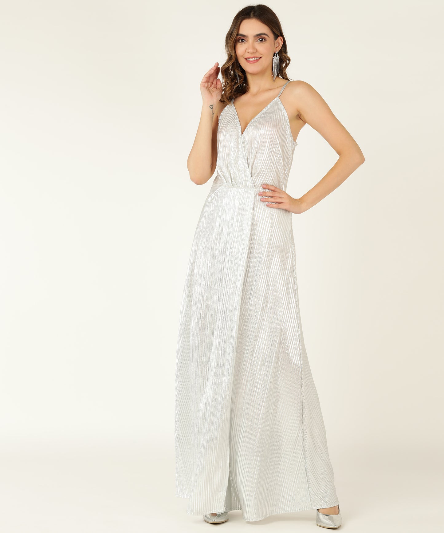 Silver Metallic Pleated Maxi Gown for Women with Spaghetti Straps
