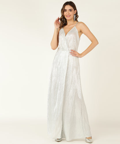 Silver Metallic Pleated Maxi Gown for Women with Spaghetti Straps