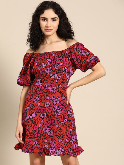 Floral Off-Shoulder Mini Dress with Puff Sleeves