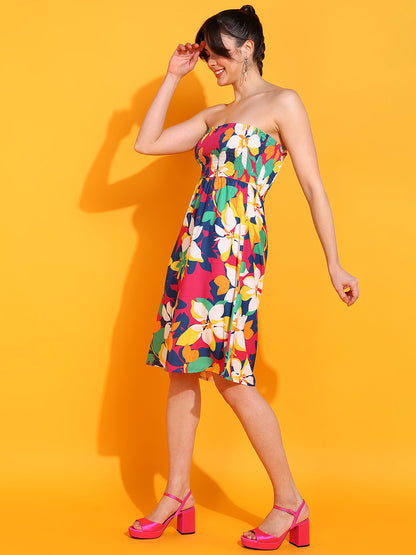 Vibrant Floral Strapless Summer Dress – Colorful Beach Party Outfit