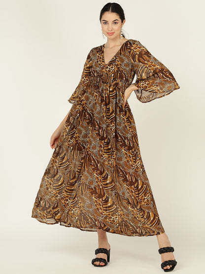 Animal Print Brown Flowy Maxi Dress for Women with Flared Sleeves