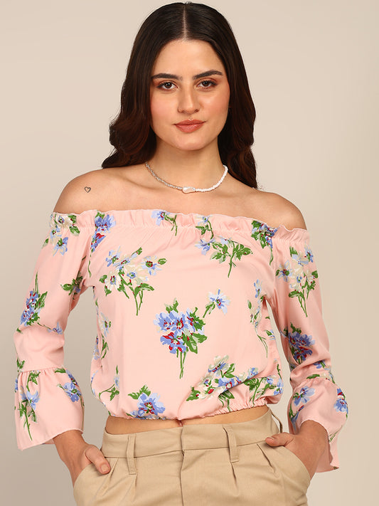 Peach Floral Off Shoulder Top for Women with Bell Sleeves