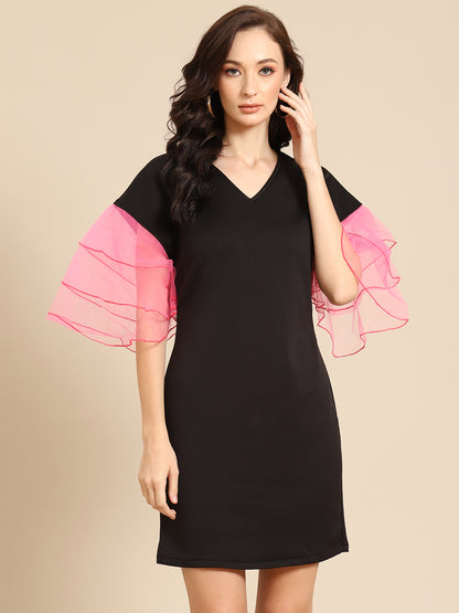 Black V-Neck Mini Dress with Pink Organza Ruffle Sleeves – Trendy Party Wear for Women
