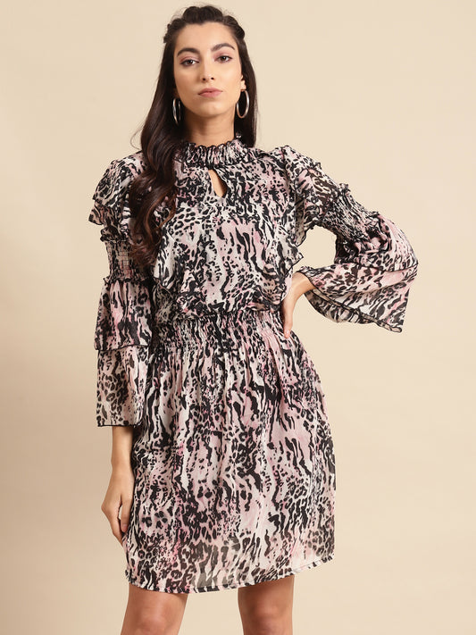Women Animal Print Ruffle Sleeve Smocked Waist Mini Dress