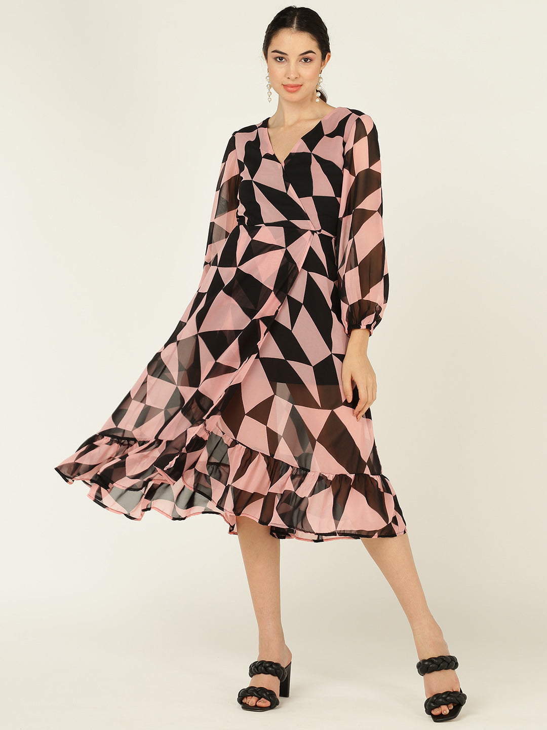 Geometric Print V-Neck Midi Dress with Ruffle Hem & Sheer Sleeves