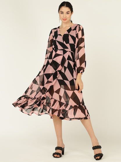 Geometric Print V-Neck Midi Dress with Ruffle Hem & Sheer Sleeves